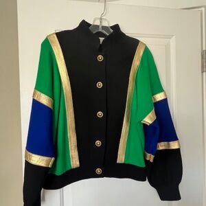 Black Sweater Cardigan with Green & Blue Panels and Gold Trim